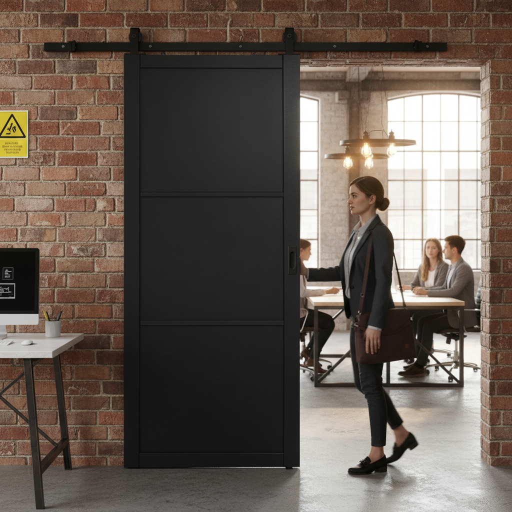 Internal Primed Industrial 2.0 Lifestyle 3 Panel Door with Matt Black Top Mounted Track for Modern Interiors - Image 2