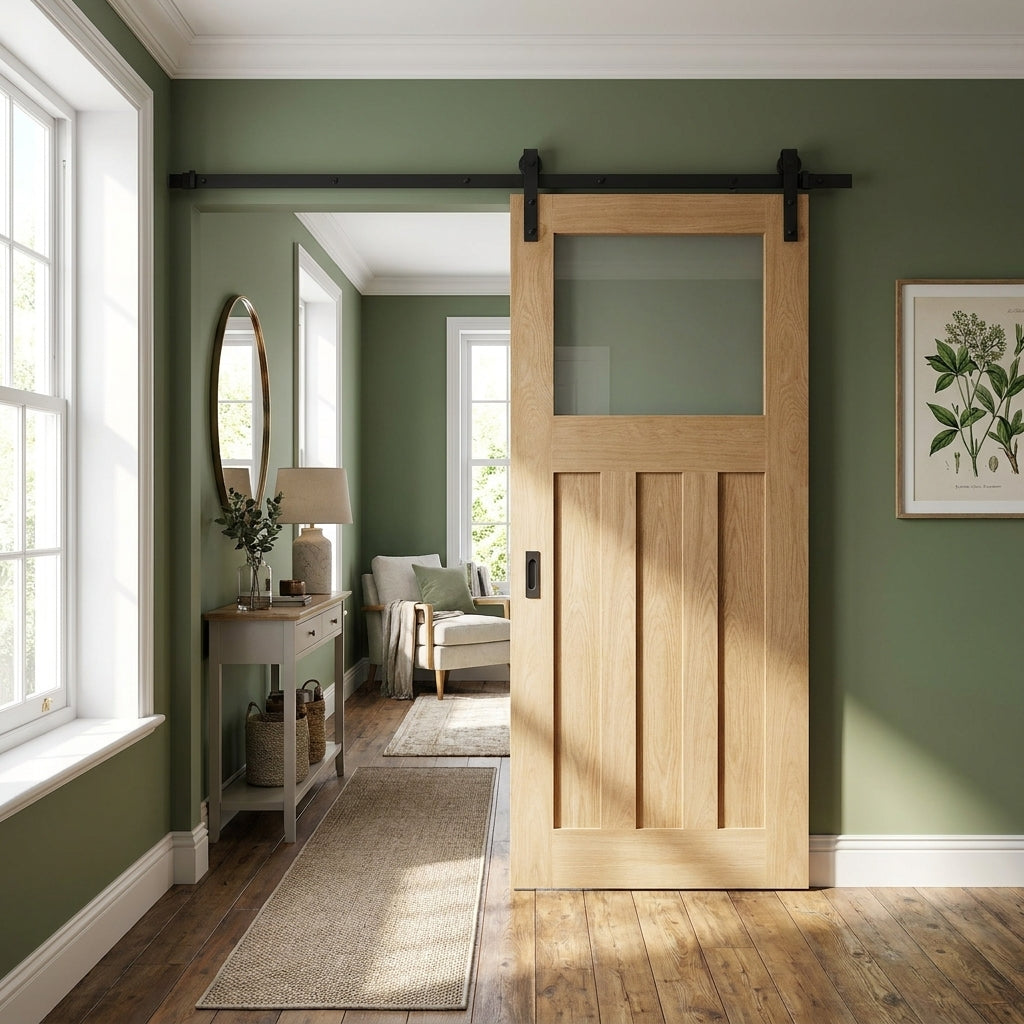 Internal Oak Sliding Door Unfinished 1930's DX 3 Panel 1 Light Obscure Glass