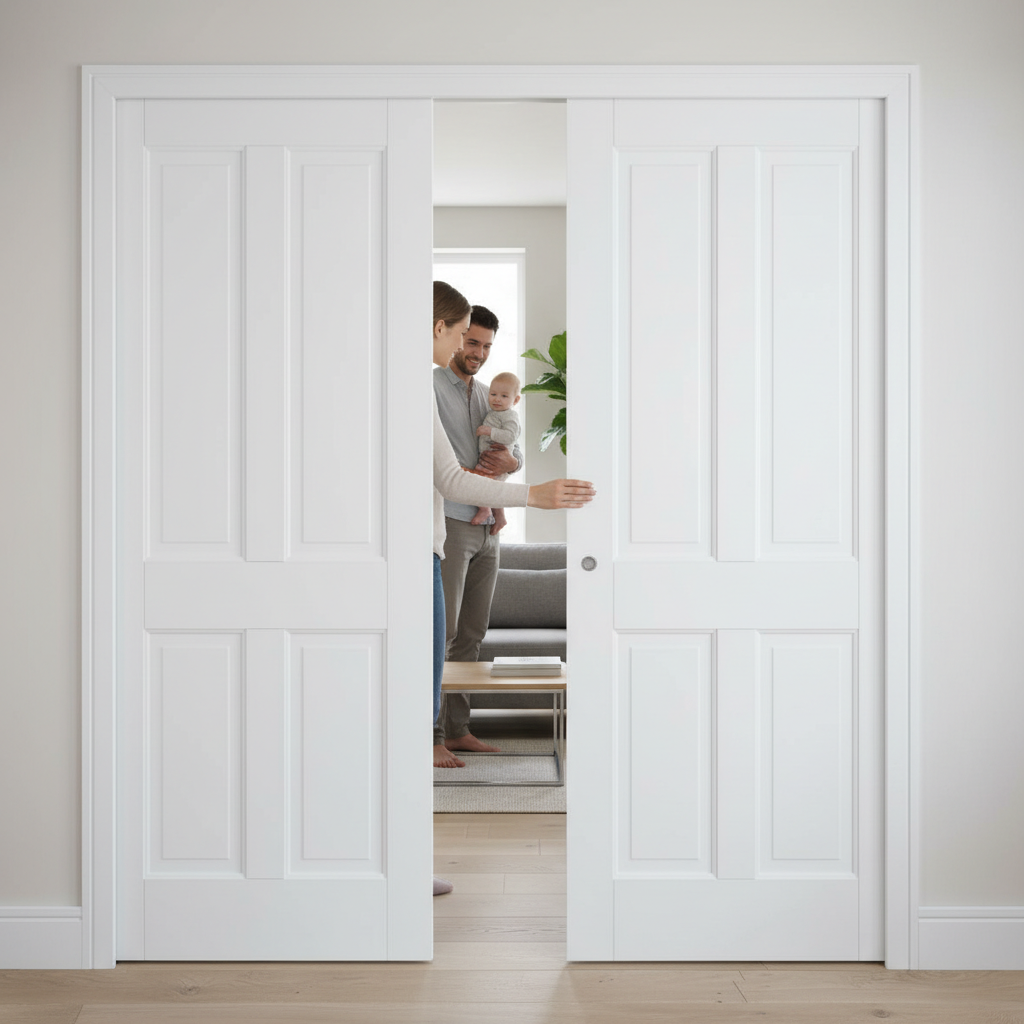 Premium Solid White 4P Telescopic Pocket Door System for Elegant Spaces - High-Quality Professional Grade for Industrial and Commercial Applications