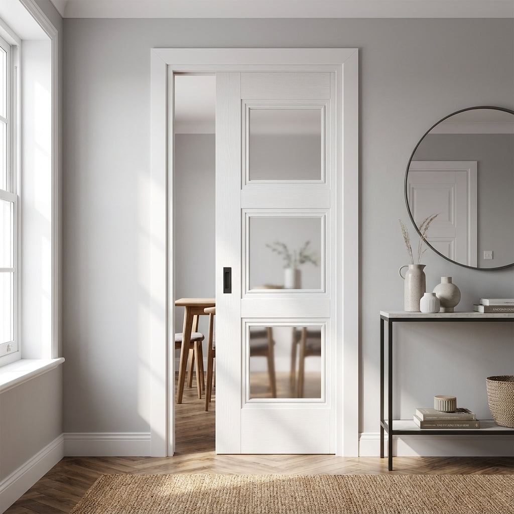 Internal Pocket Door Set with 3 Light Clear Glass and White Primed Finish