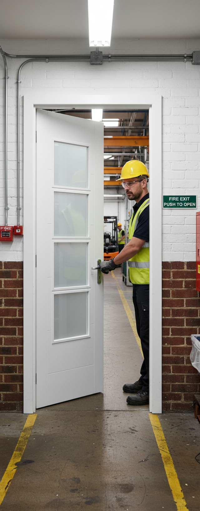 Premium Contemporary White 4L Fire Door with V Groove Design and Clear Tempered Glass Panels for Modern Interiors