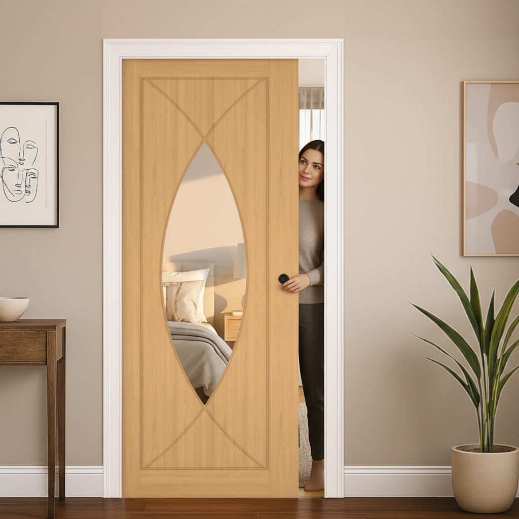 Premium Clear Glazed Pocket Door Set with Oak Veneer and Galvanised Steel Frame for Elegant Interior Design