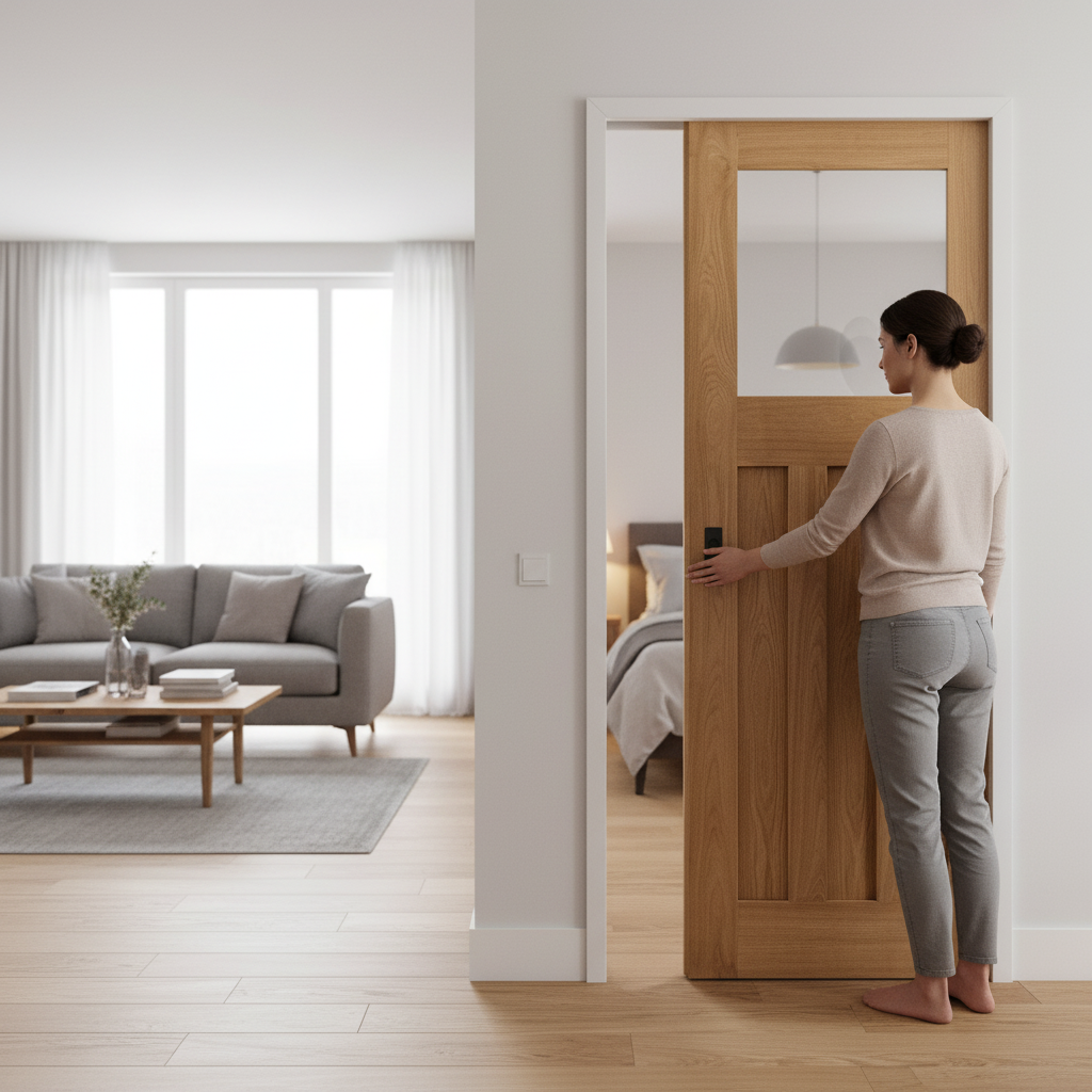Premium Vintage Oak Pocket Door Set with Obscure Glass Panel - 1930s Design for Timeless Elegance and Space Saving - Image 2