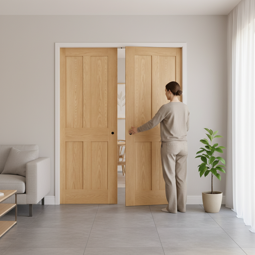 Premium Double Pocket Door Set with Oak Finish, Galvanized Steel Frame, and Space-Saving Design Options