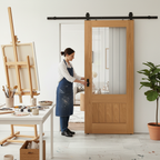 Premium Oak Internal Fully Finished Sliding Door with Obscure Lined Clear Glass and Black Top Mounted Kit for Modern Spaces - Image 2