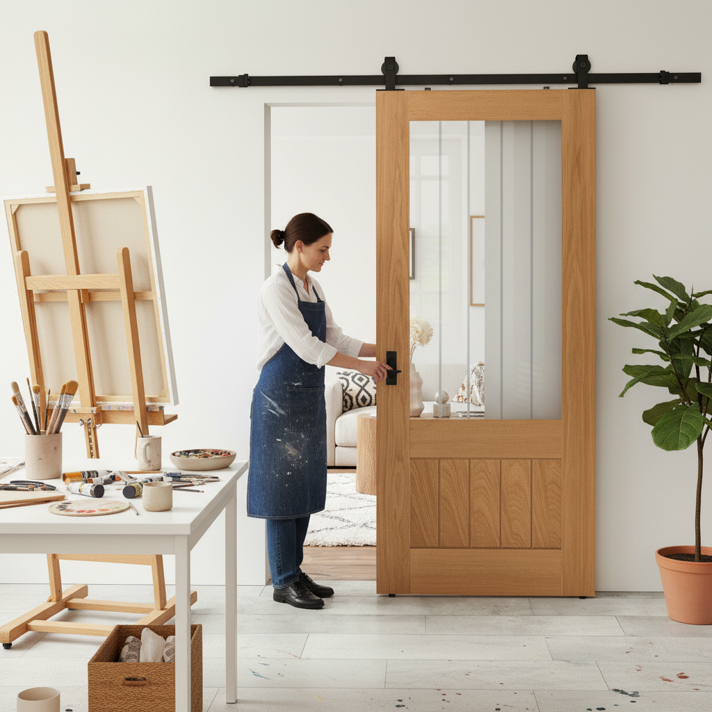 Premium Oak Internal Fully Finished Sliding Door with Obscure Lined Clear Glass and Black Top Mounted Kit for Modern Spaces - Image 2