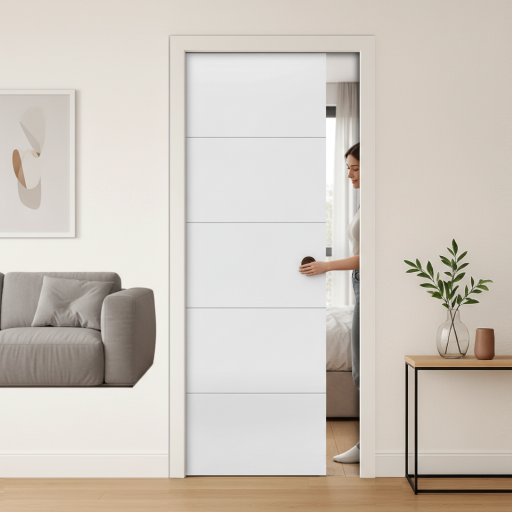 Premium 5 Panel Pocket Door Set with Galvanized Steel Frame, Adjustable Protrusion, and 15-Year Guarantee