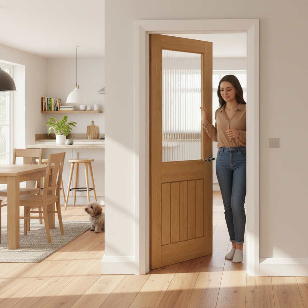 Premium Glazed Oak Internal Door with Clear Toughened Glass and Solid Core Construction for Modern Interiors