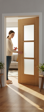 Premium Contemporary Fully Finished Oak Mirage 3 Light Clear Glazed Fire Door with Ash Inlays and Cross Veneers