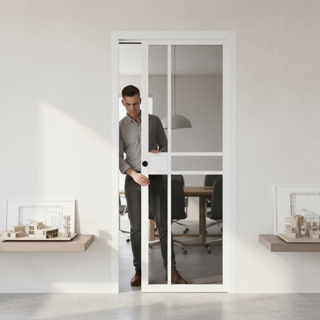 Premium Flush Pocket Door Set with Tinted Glass Panels - Space-Saving Design and Adjustable Features for Modern Interiors