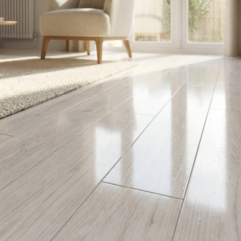 8mm High Gloss Laminate Flooring, Oak Fresco Snow Finish - detail view