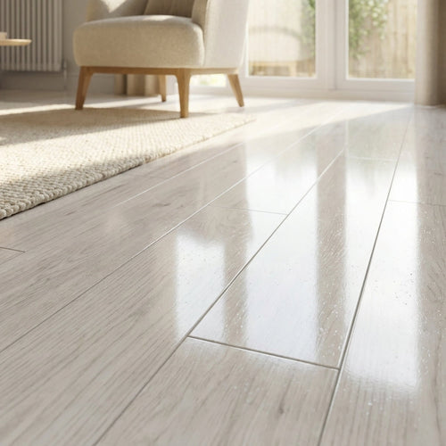 8mm High Gloss Laminate Flooring, Oak Fresco Snow Finish - detail view