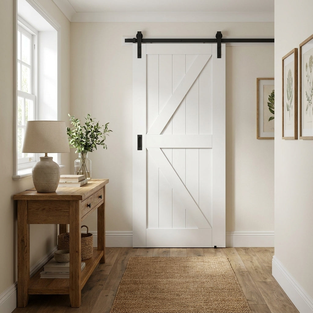White Internal Sliding Barn Door, Primed Finish, Black Face Mounted