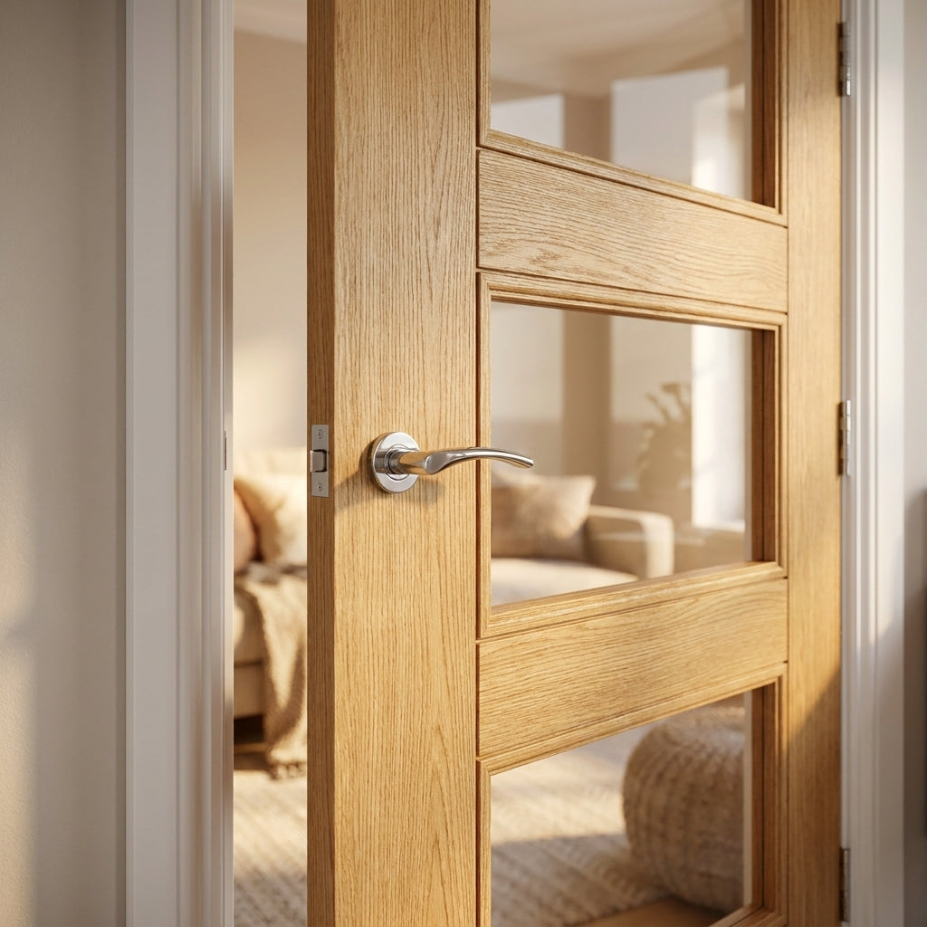 FD30 Fire Door Internal Oak with Fully Finished Shaker Design and 4 Light Clear Glass - detail view