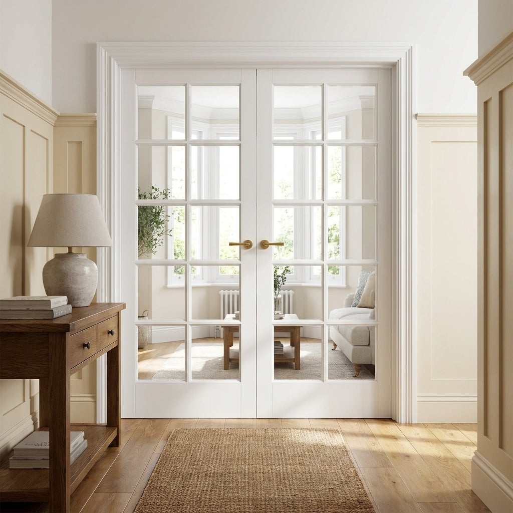 Internal French Door with 10 Light Clear Glass Glazing, White Primed, Solid Core