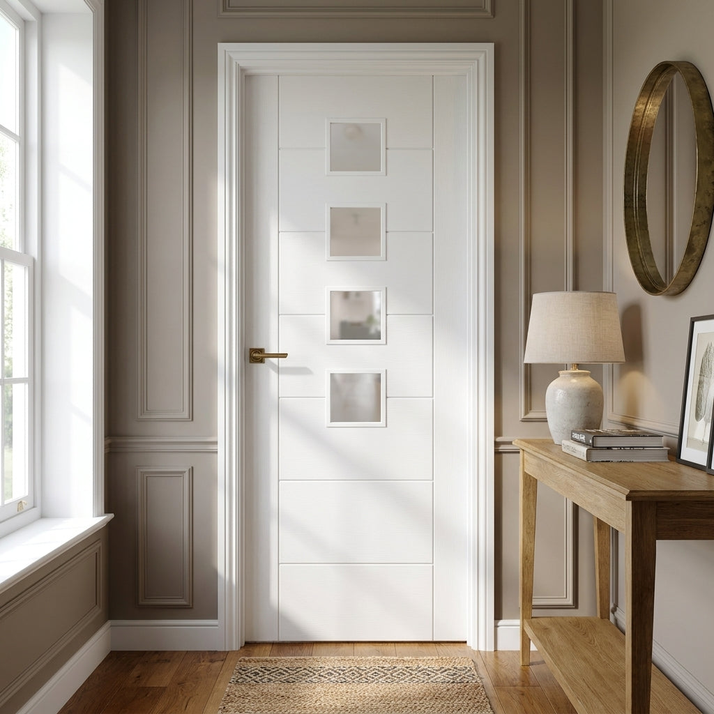 Internal White Door Made-to-Measure with Primed Finish and 4 Light Obscure Glass