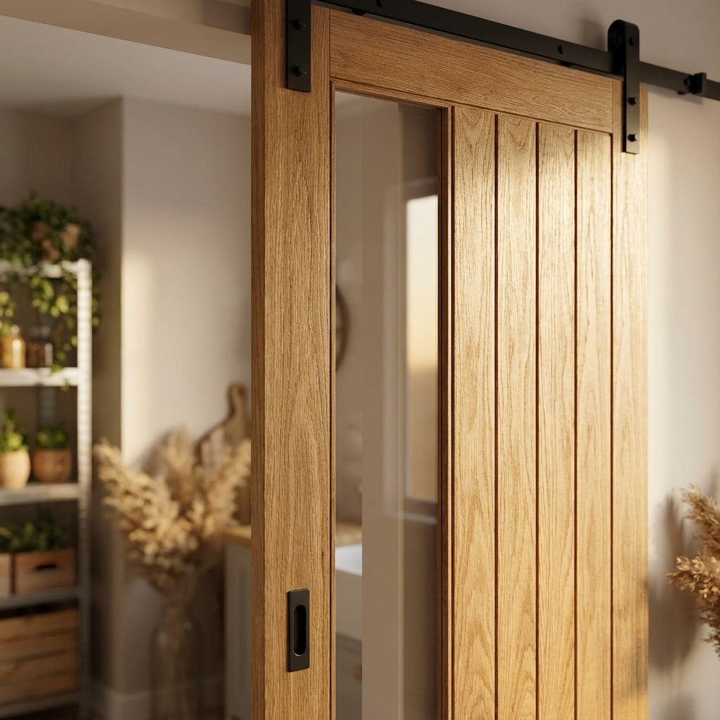 Internal Oak Sliding Door, Unfinished, 1 Light Clear Glass, Offset Design - detail view