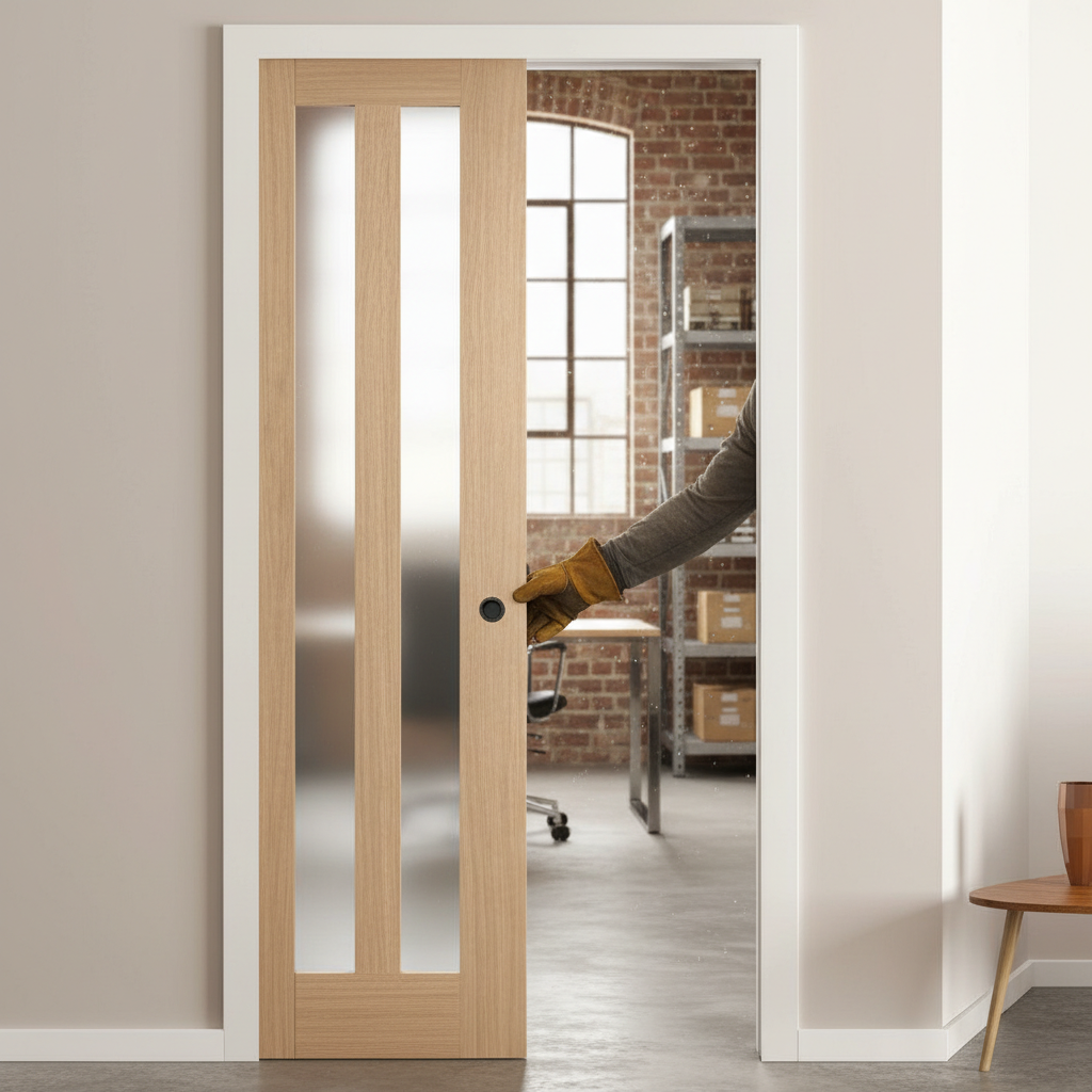 Premium Obscure Glazed Pocket Door Set with Galvanised Steel Frame and Adjustable Jambs for Stylish Room Division