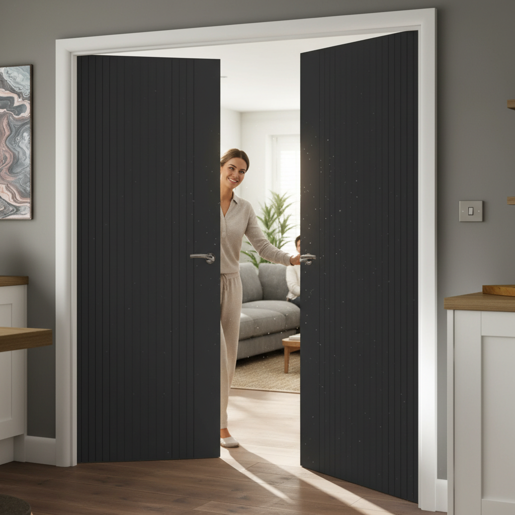 Premium Black Slatted Internal Door Pair - Chic Design with High-Density Core and 10-Year Guarantee