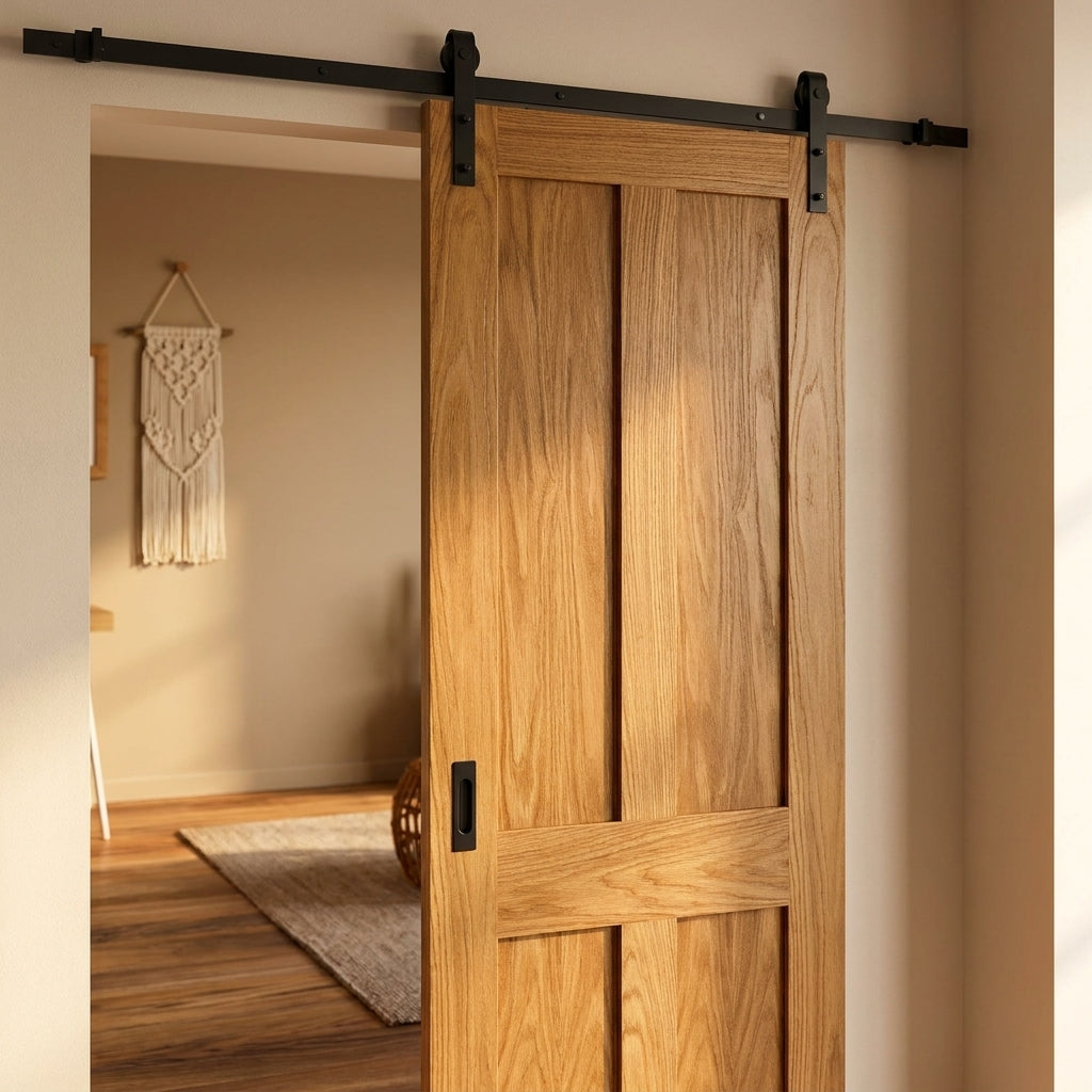Internal Oak Sliding Door Unfinished Victorian 4 Panel Flat Black Face Mounted - detail view