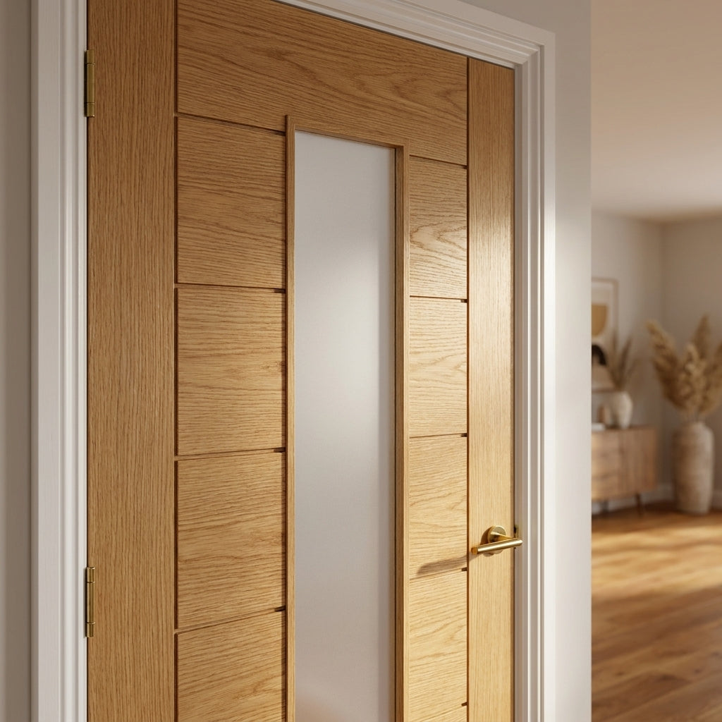 Internal Oak Door Fully Finished with 1 Light Clear Glass - detail view
