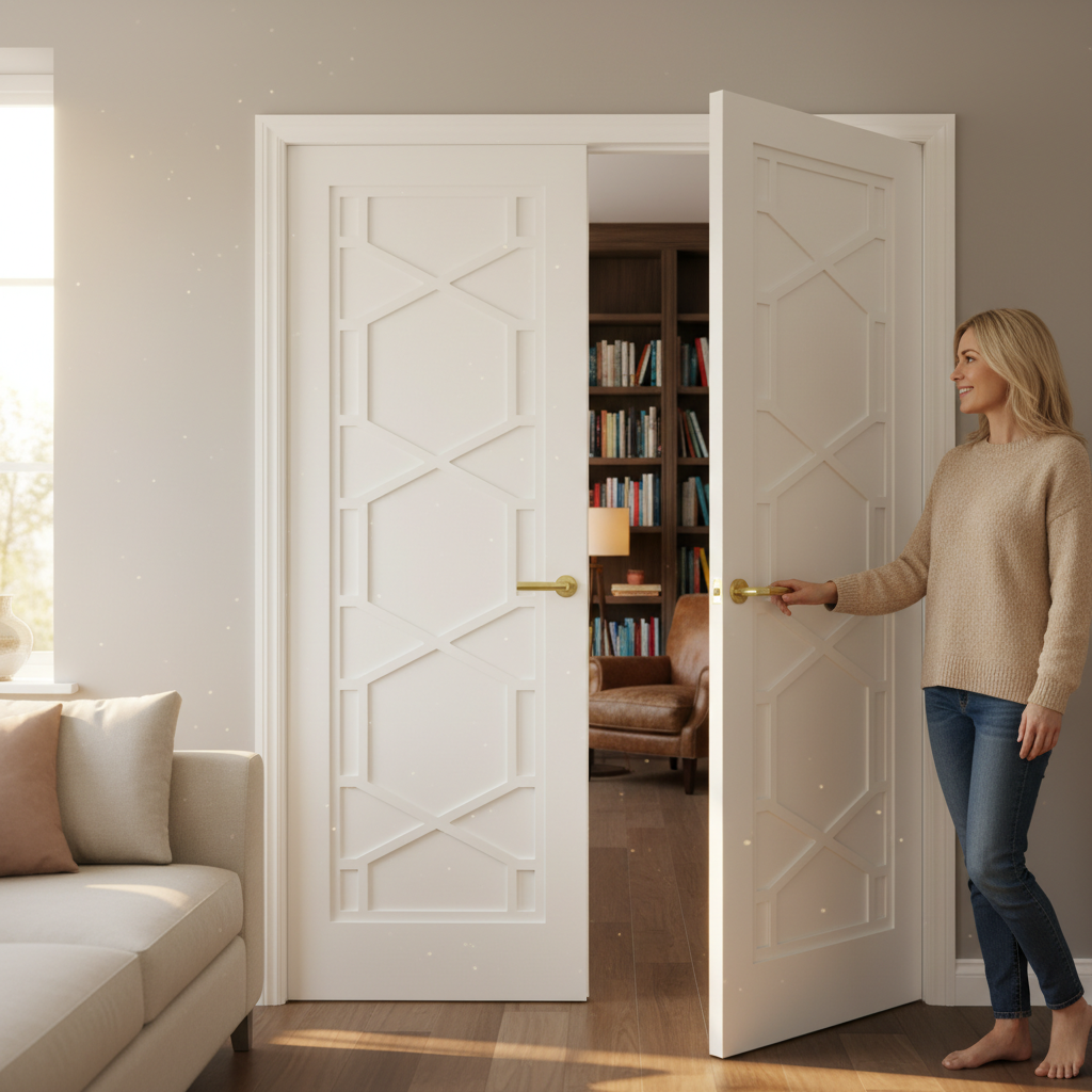 Premium Art Deco Inspired White Internal Door Pair with Solid Core Construction and Hexagonal Design