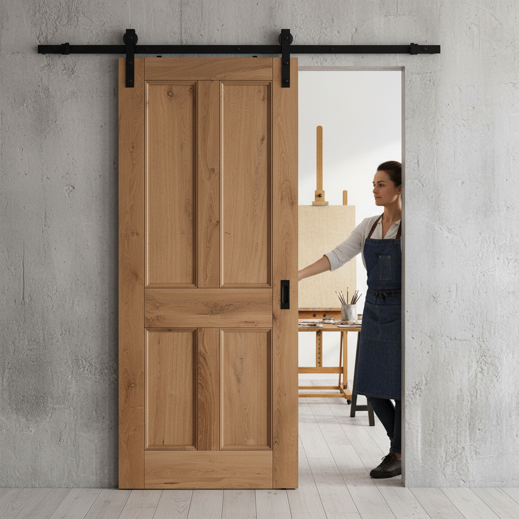 Premium Internal Fully Finished Rustic Oak Victorian 4 Panel Sliding Door Set with Efficient Sliding Mechanism for Space Saving