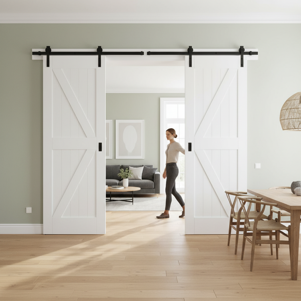 Premium Double Sliding Door System with White Pelmet and Braced Cottage Doors for Easy Installation