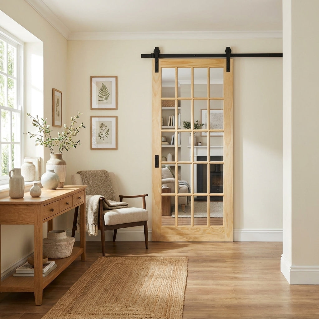 15 Light Clear Glass Sliding Internal Pine Door, Unfinished, Solid Core