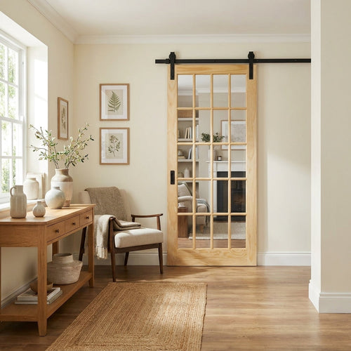 15 Light Clear Glass Sliding Internal Pine Door, Unfinished, Solid Core