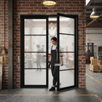 Internal Fully Finished Industrial Studio 4 Light Obscure Glass Pair Door with Durable Black Finish and Contemporary...