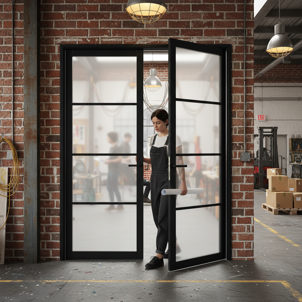 Internal Fully Finished Industrial Studio 4 Light Obscure Glass Pair Door with Durable Black Finish and Contemporary...