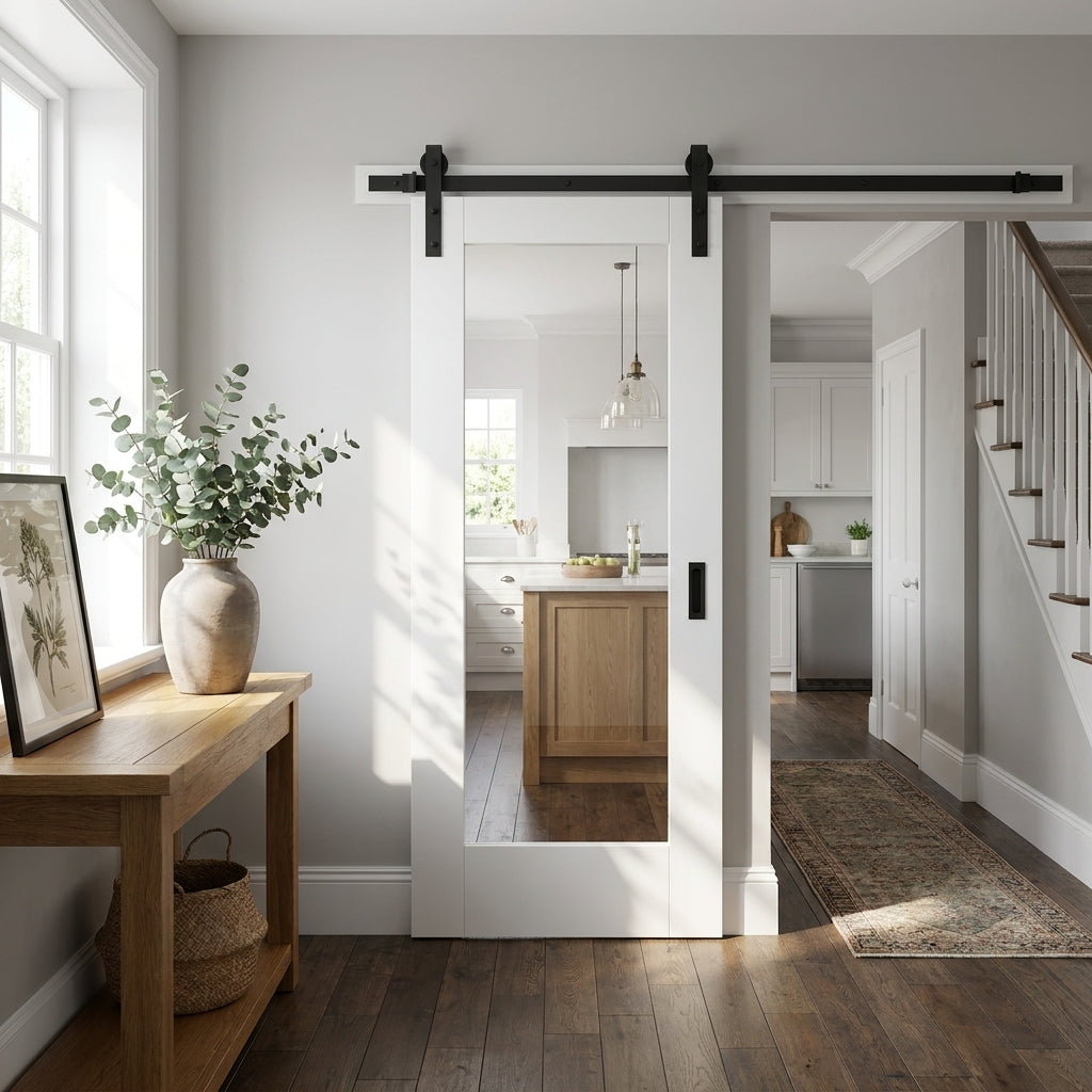 White Internal Sliding Door with Clear Glass and Obscured Lines, Primed Finish