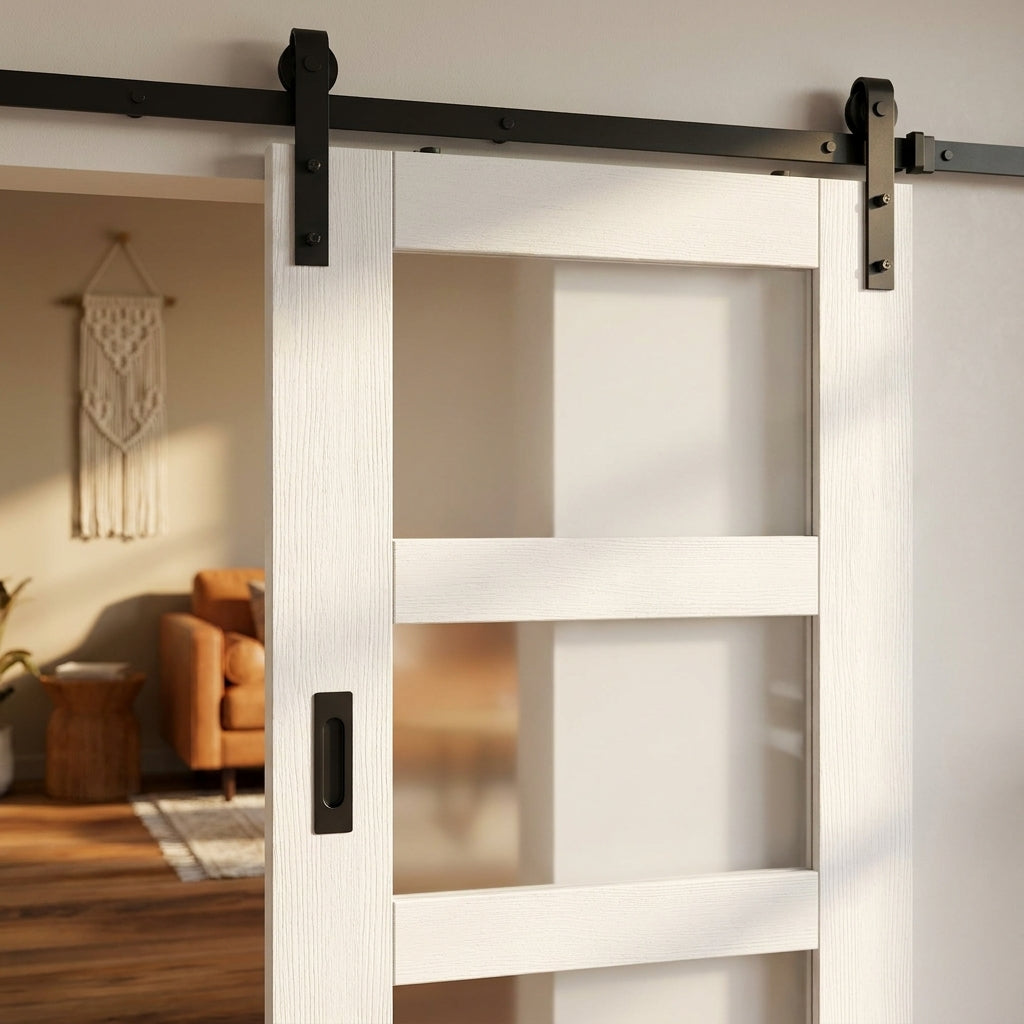 Internal White Sliding Door with 4 Light Clear Glass, Primed Shaker Design - detail view