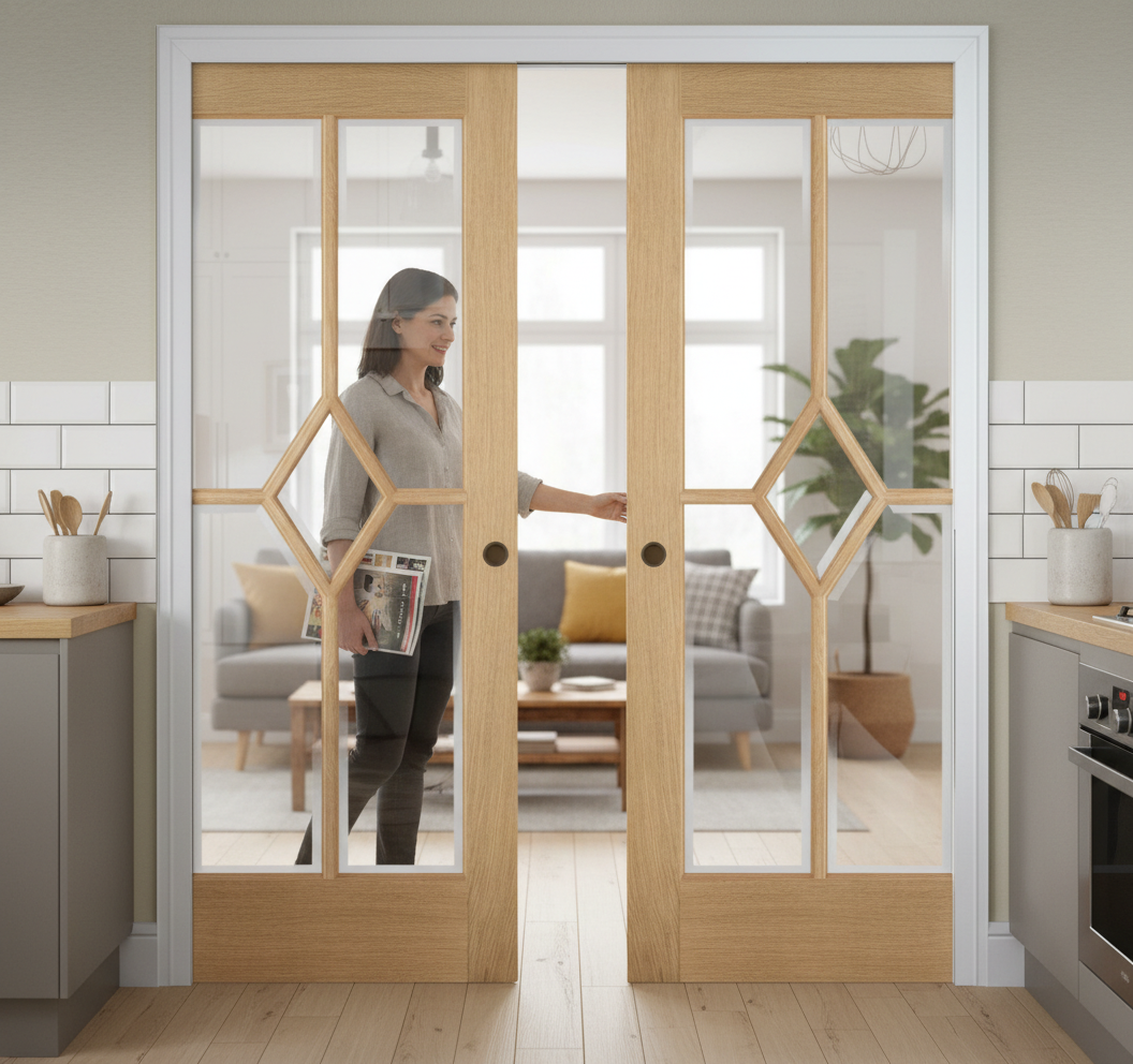 Premium Clear Glazed Double Pocket Door System with 5 Panels and Adjustable Frame Dimensions
