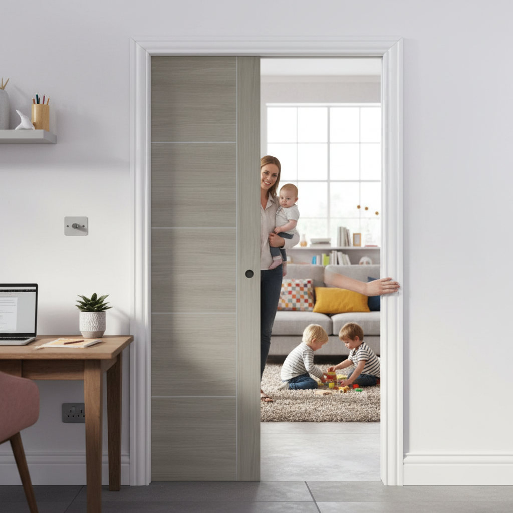 Premium Light Grey Laminate Pocket Door Set with Modern Five Panel Design and Durable Steel Frame