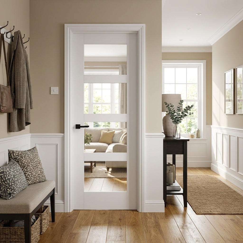 FD30 Fire Door Internal White Shaker with 4 Light Clear Glass, Primed Finish