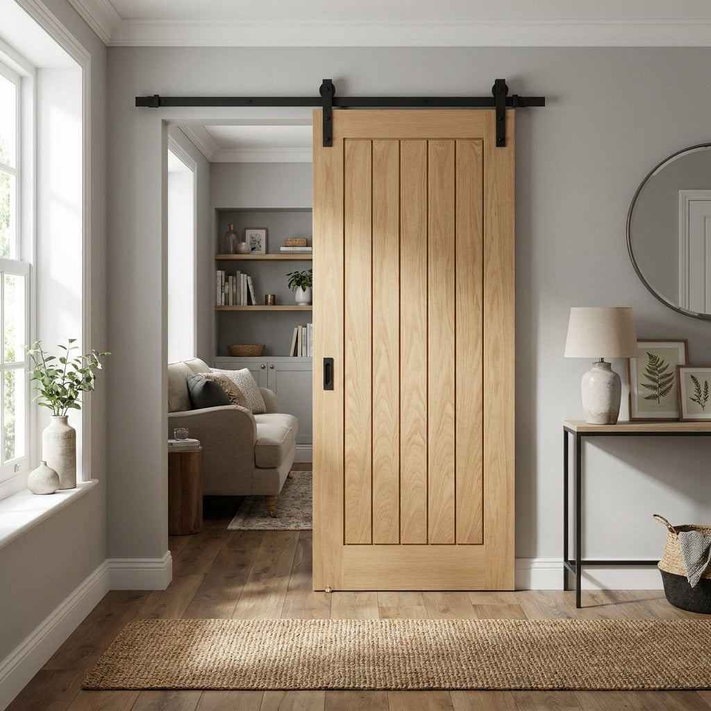 Internal Oak Sliding Door, Unfinished, Black Top Mounted, Solid Core