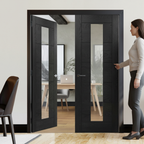 Premium Brushed Black Oak Glazed 1 Lite Door Pair - Crown Cut Veneer with Clear Tempered Glass Finish