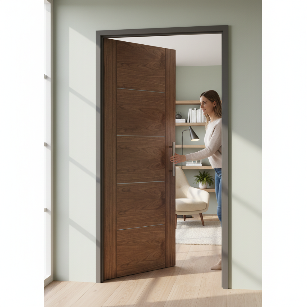 Premium Contemporary Walnut Internal Door with V Grooves and Satin Finish, Solid Engineered Core for Strength and Durability