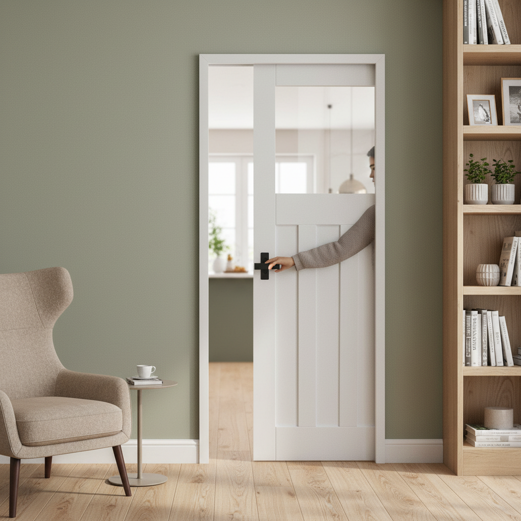 Premium 1930s Inspired Clear Glass Framed Pocket Door Set with White Primed Finish for Vintage Charm and Space Optimization