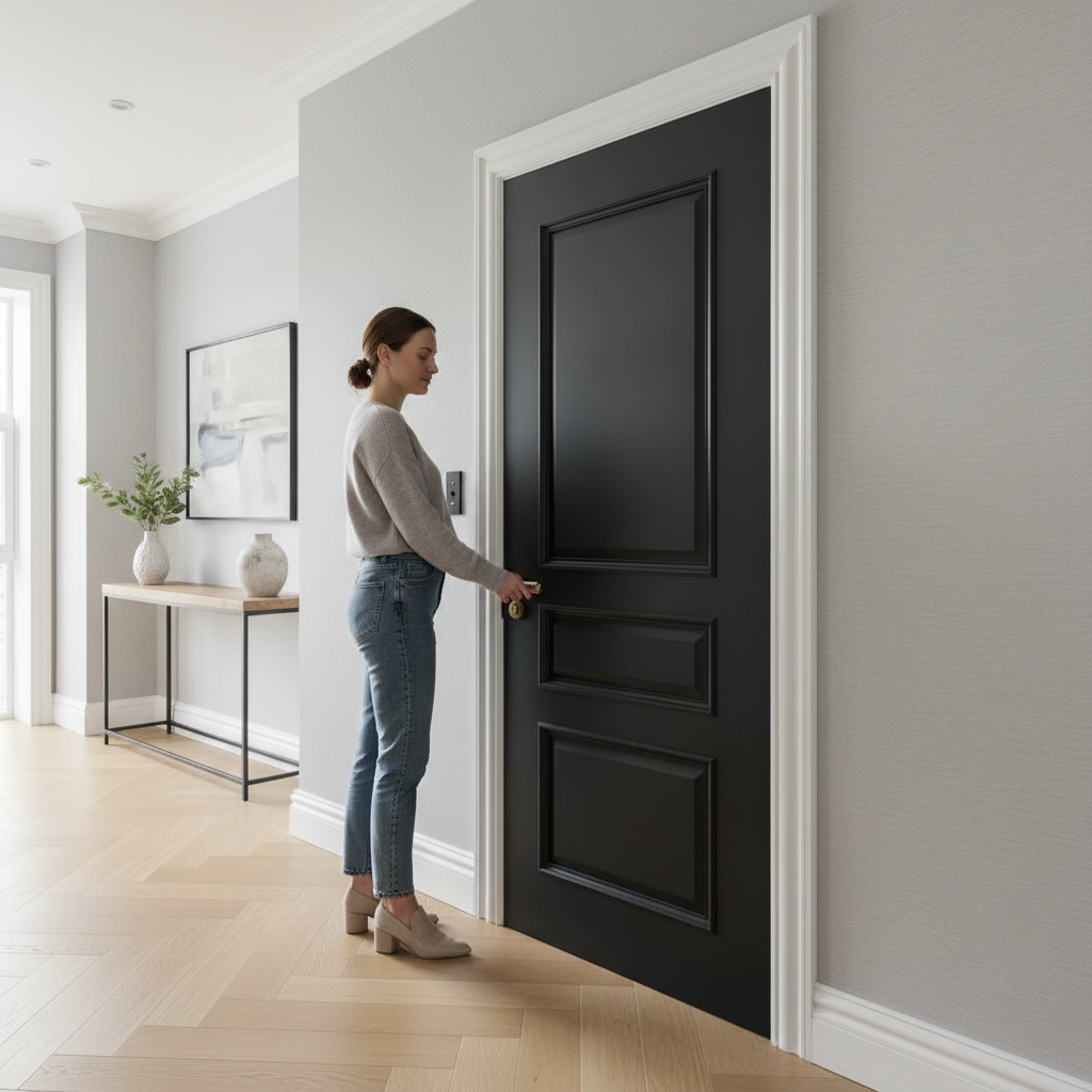 Premium Black Internal Door with Three Bevelled Panels, Solid Core Construction, and FSC Certification
