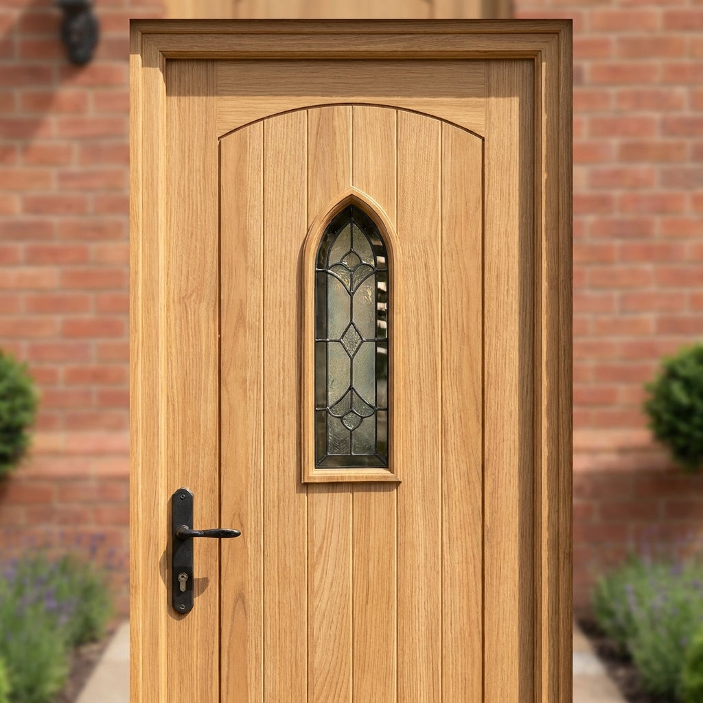 Unfinished External Hardwood Door with Feature Glass and Gothic Raised Mouldings - detail view