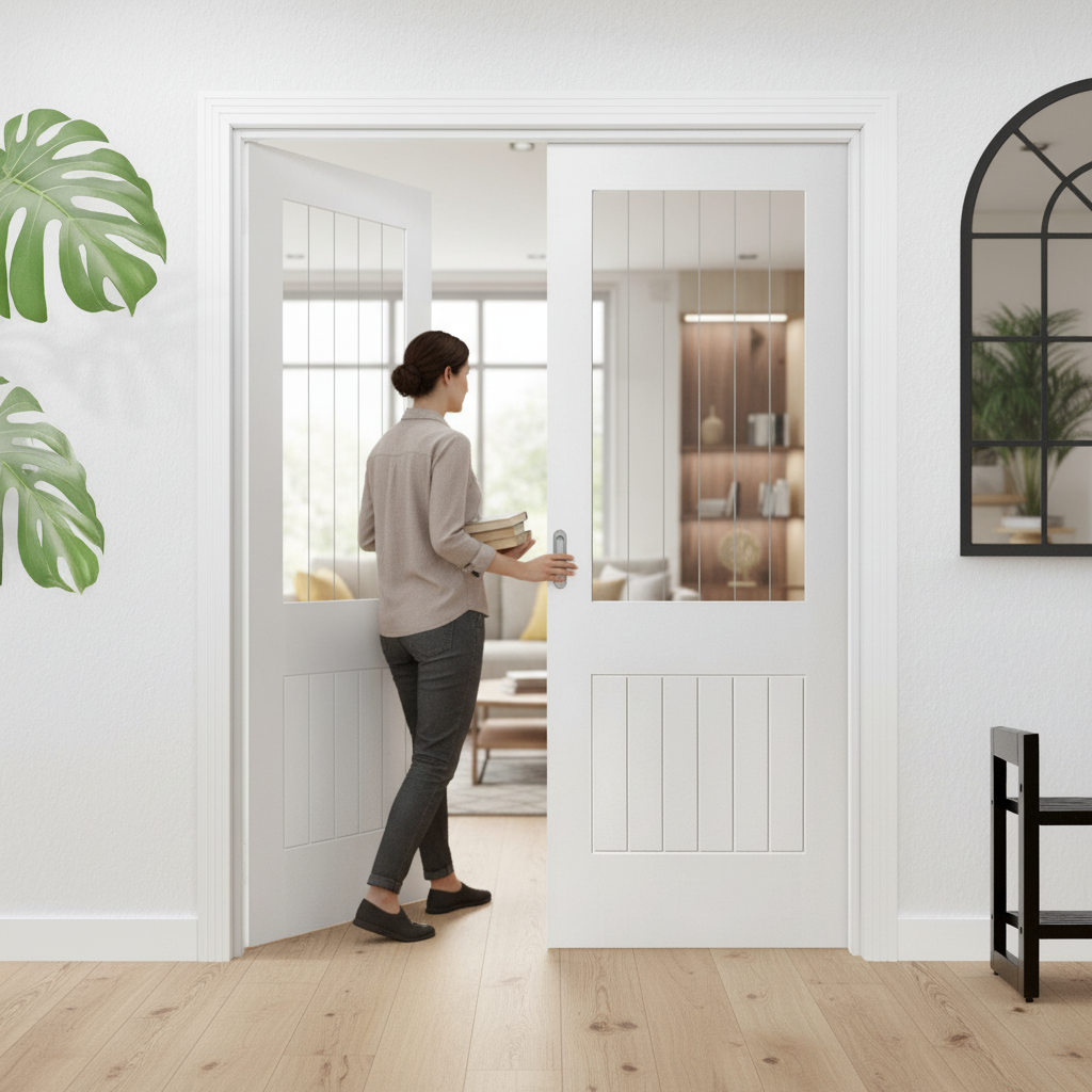 Premium Internal Cottage Door Pair with Etched Glass and White Primed Finish for Elegant Home Design