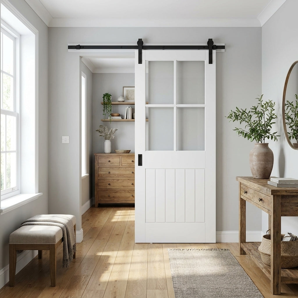 Internal White Cottage Sliding Door with 1 Light Etched Clear Glass Finish