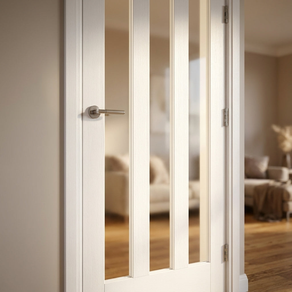 Internal White Door, Made-to-Measure, Primed Finish with 3 Light Obscure Glass - detail view