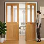 Premium Clear Glazed Double Pocket Door Set with Oak Veneer and Galvanised Steel Frame for Modern Interiors