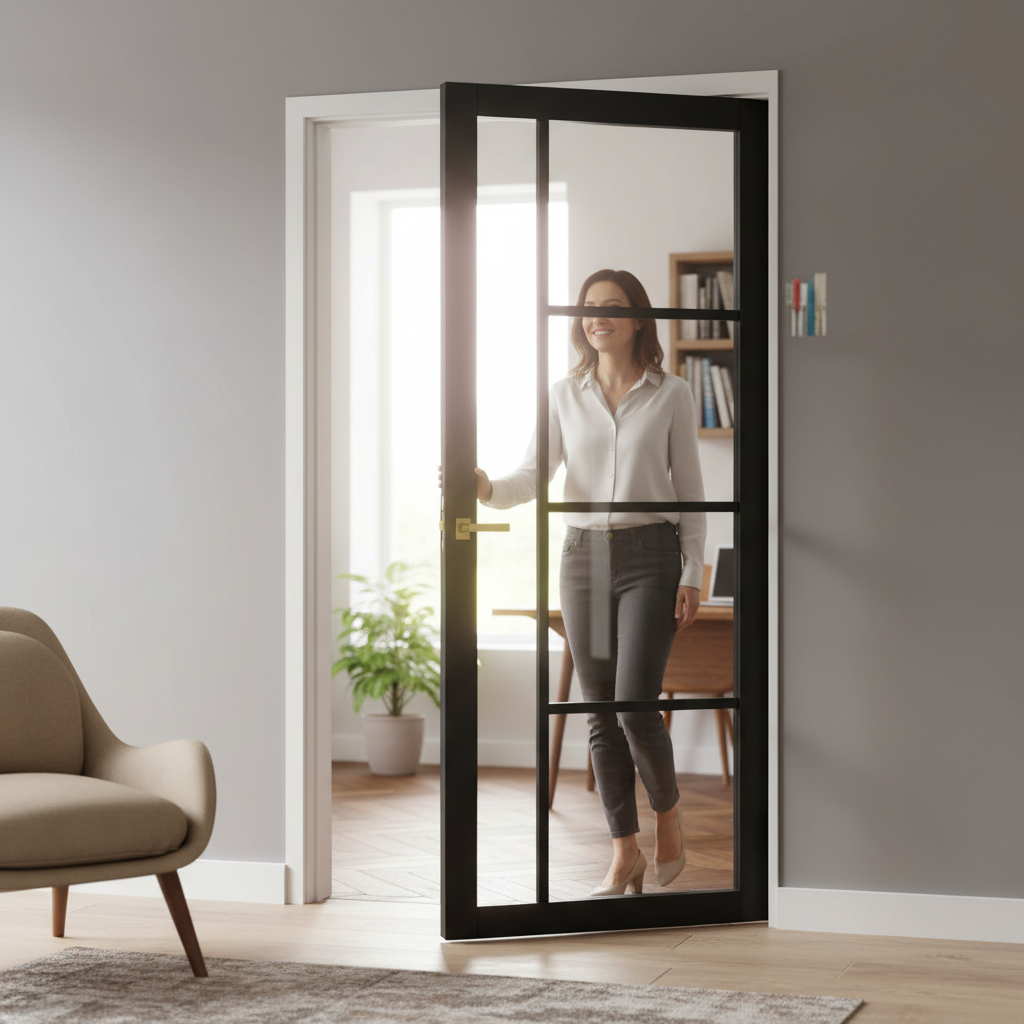 Premium Custom Made Clear Glazed Industrial Style Door with Solid Core Construction and Prefinished Black Design