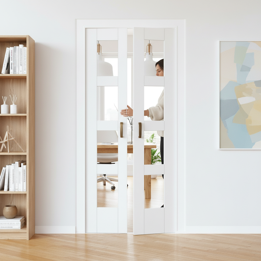 Premium Internal Bi-fold Shaker Door with 8 Clear Glass Panes, Solid Engineered Core, and Double Primed Finish