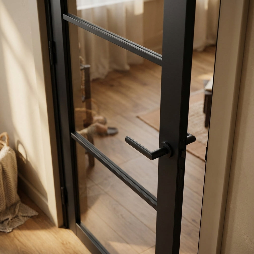 Internal Made-to-Measure Jet Black Fully Finished Studio Door with 3 Light Clear Glass - detail view